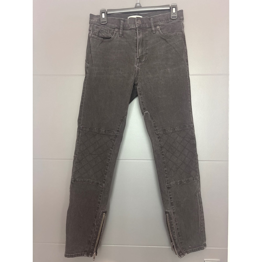 Madewell High Rise Skinny Jeans Black Quilted Moto Zip Ankle Size 29